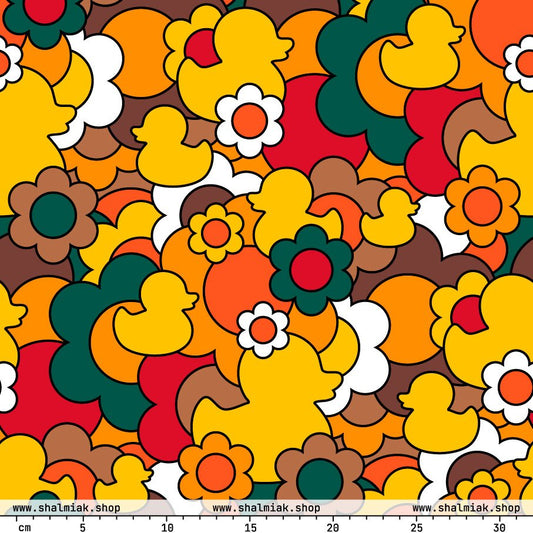 Fabric - DUCK PARADISE retro - Flower ducks print