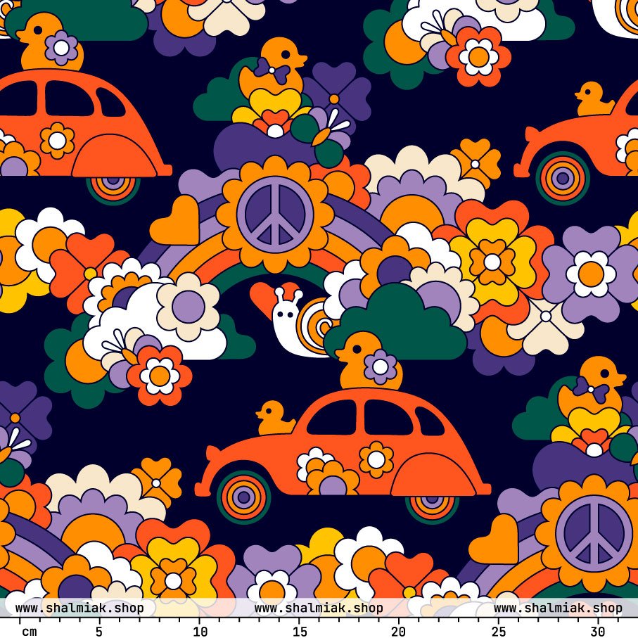 Fabric - DUCKS AND PEACE purple 2 - Hippie roadtrip print