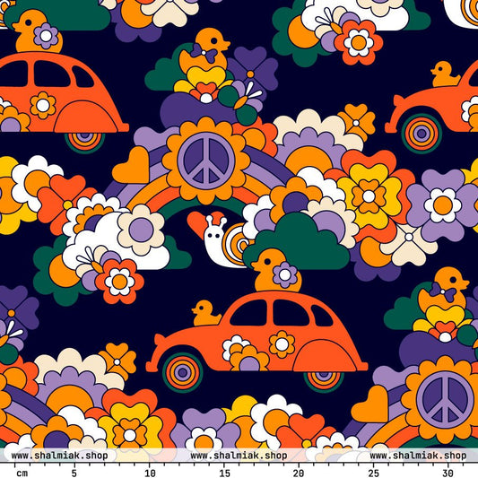 Fabric - DUCKS AND PEACE purple 2 - Hippie roadtrip print