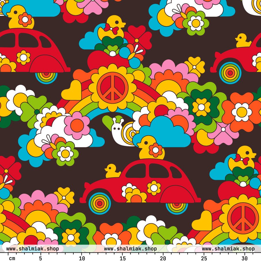 Fabric - DUCKS AND PEACE rainbow - Hippie roadtrip print
