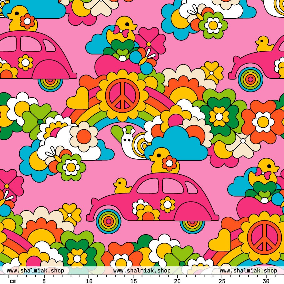 Fabric - DUCKS AND PEACE sweet - Hippie roadtrip print