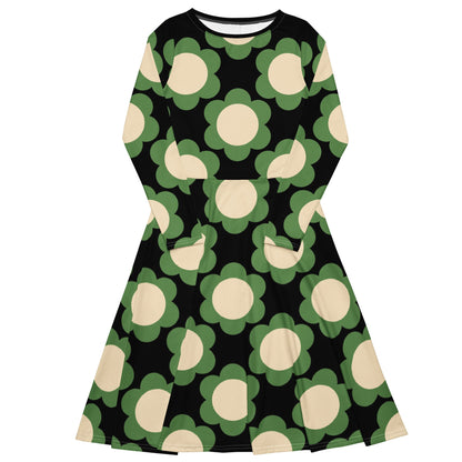 Midi Dress - ELLIE green black - Classic Flower Print