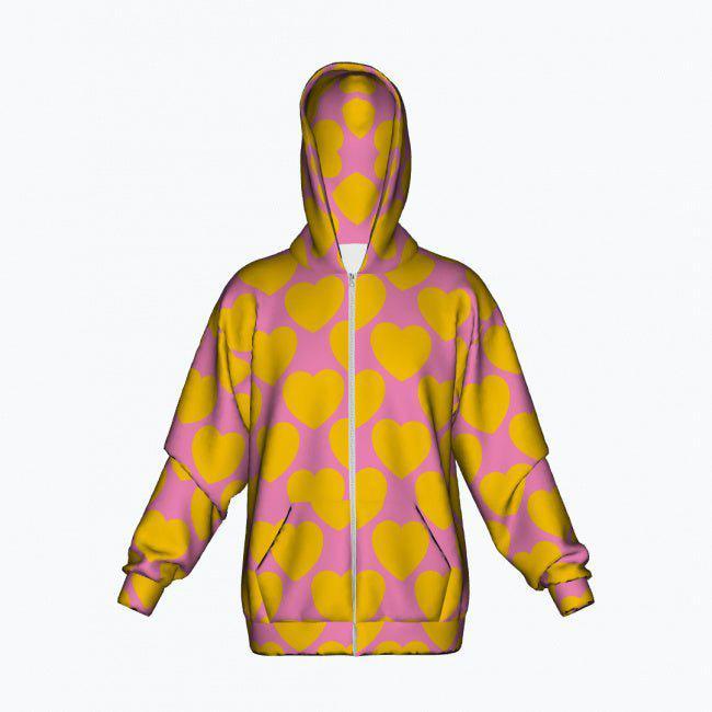 Cotton Zipper Hoodie - ELLIE LOVE yellow pink - Bold Heart Print