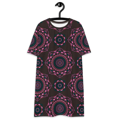 T-shirt dress - FOREVERMORE pink brown - Romantic flower and heart print 6XL