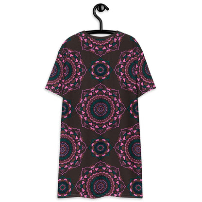 T-shirt dress - FOREVERMORE pink brown - Romantic flower and heart print