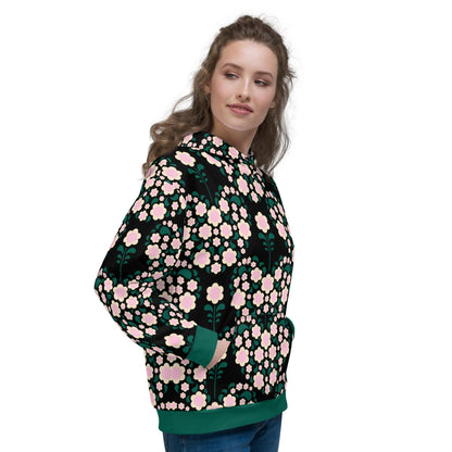 Hoodie - HEARTBEAT pink black - Flower hearts print