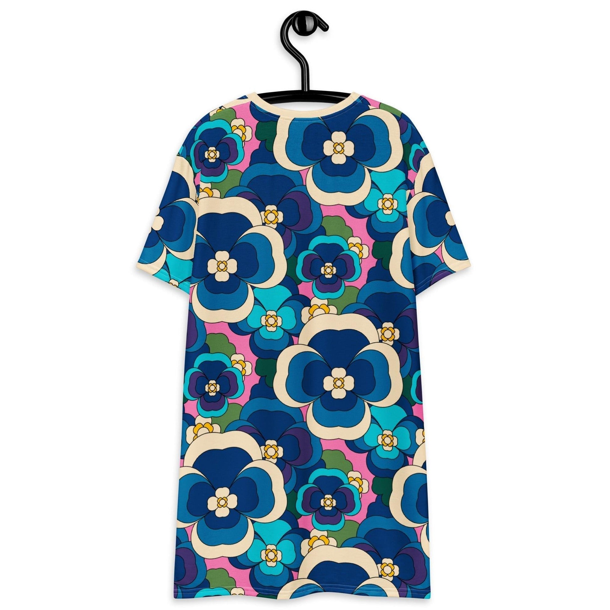 T-shirt dress - PANSY FANTASY blue pink - Retro pansy print