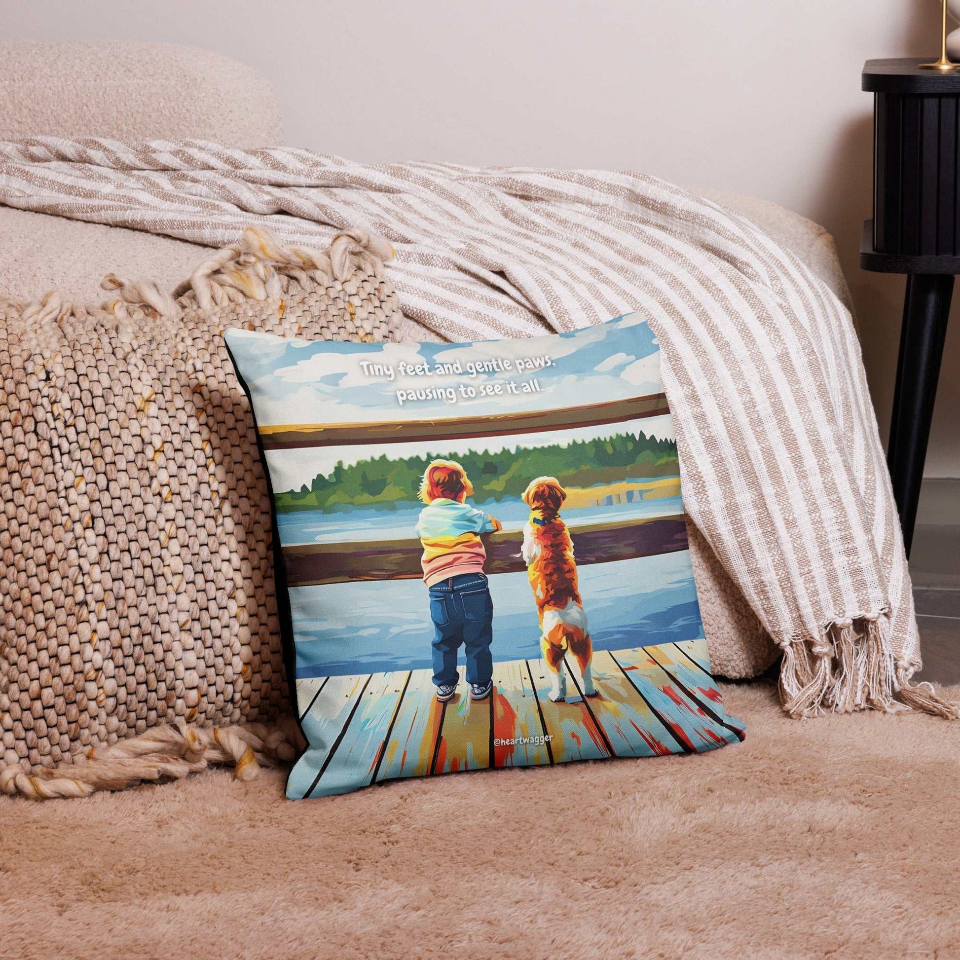 Pillow Case - Tiny feet and gentle paws, pausing to see it all 18″×18″