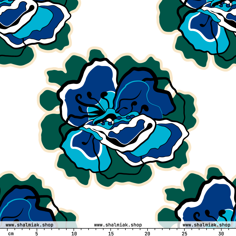 Fabric - POPPY PARADE blue white - Bold poppy print