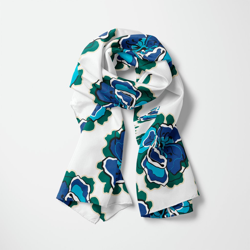 Scarf - POPPY PARADE blue white - Bold poppy print