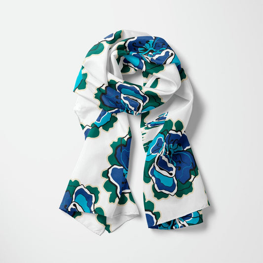 Scarf - POPPY PARADE blue white - Bold poppy print