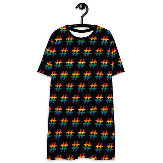 T-Shirt Dress - #RAINBOW black - Colorful Hashtag Print