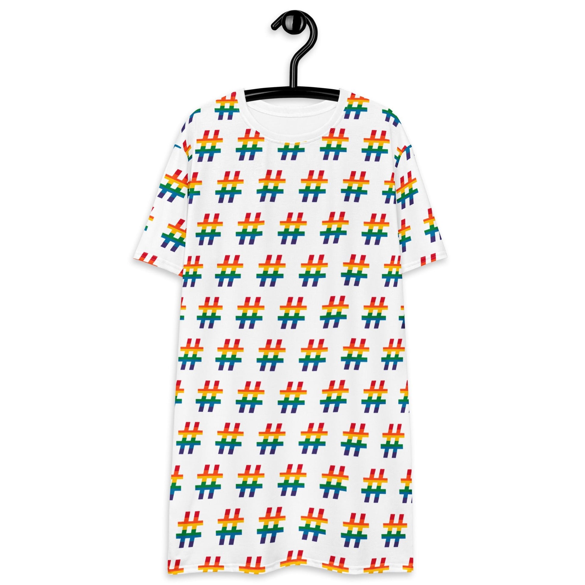 T-Shirt Dress - #RAINBOW white - Colorful Hashtag Print