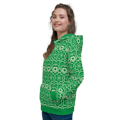Hoodie - RAMONA green - Simple hearts and flowers print