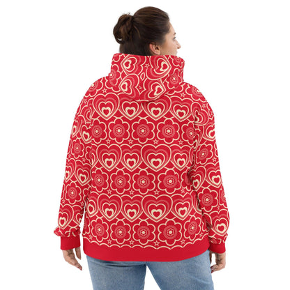 Hoodie - RAMONA red - Simple hearts and flowers print
