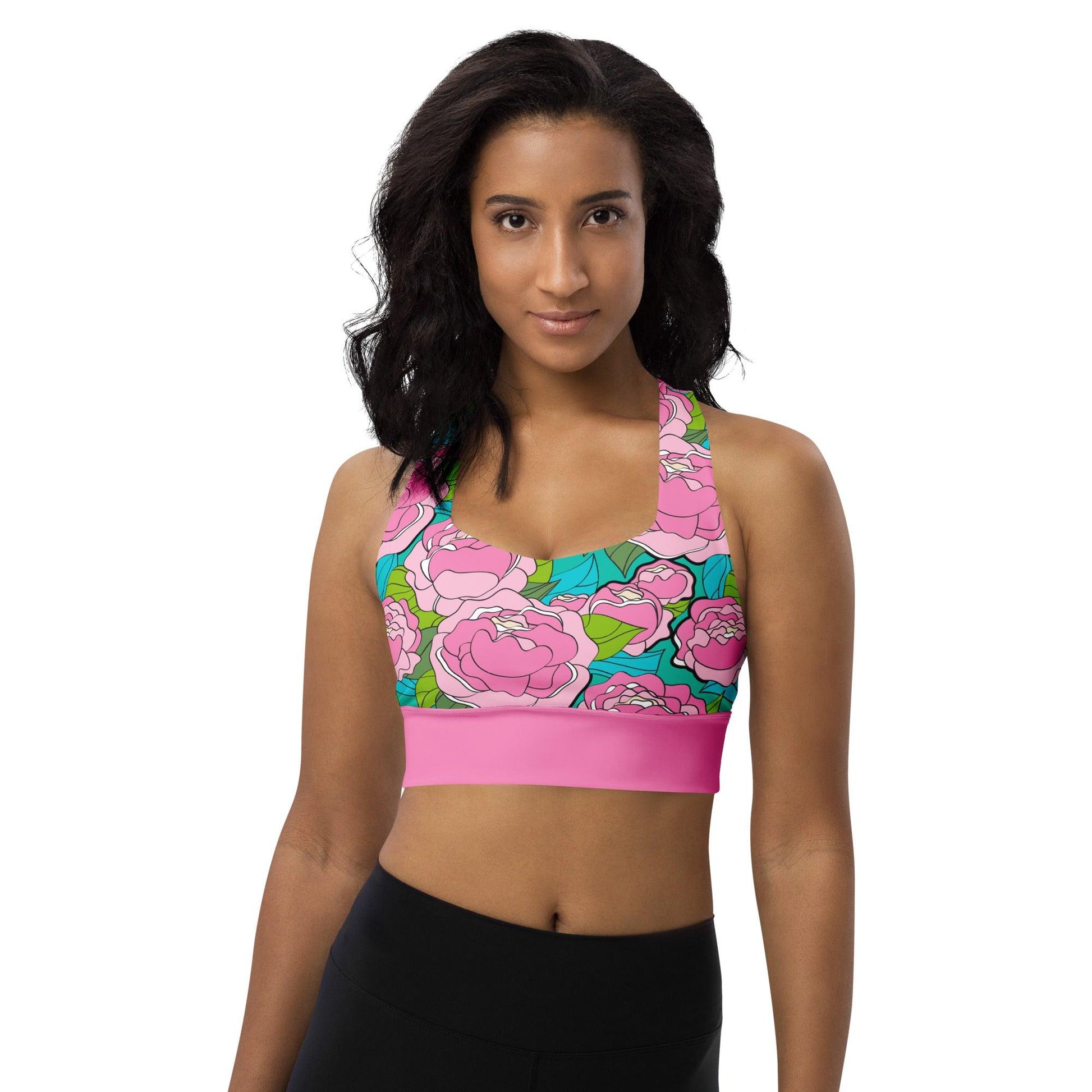 Sports Bra - BE MY ONLY pink turquoise - Bold Pink Peonies Print