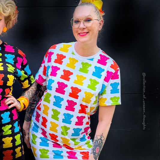 T-Shirt Dress - SWEET TEDDY happy white