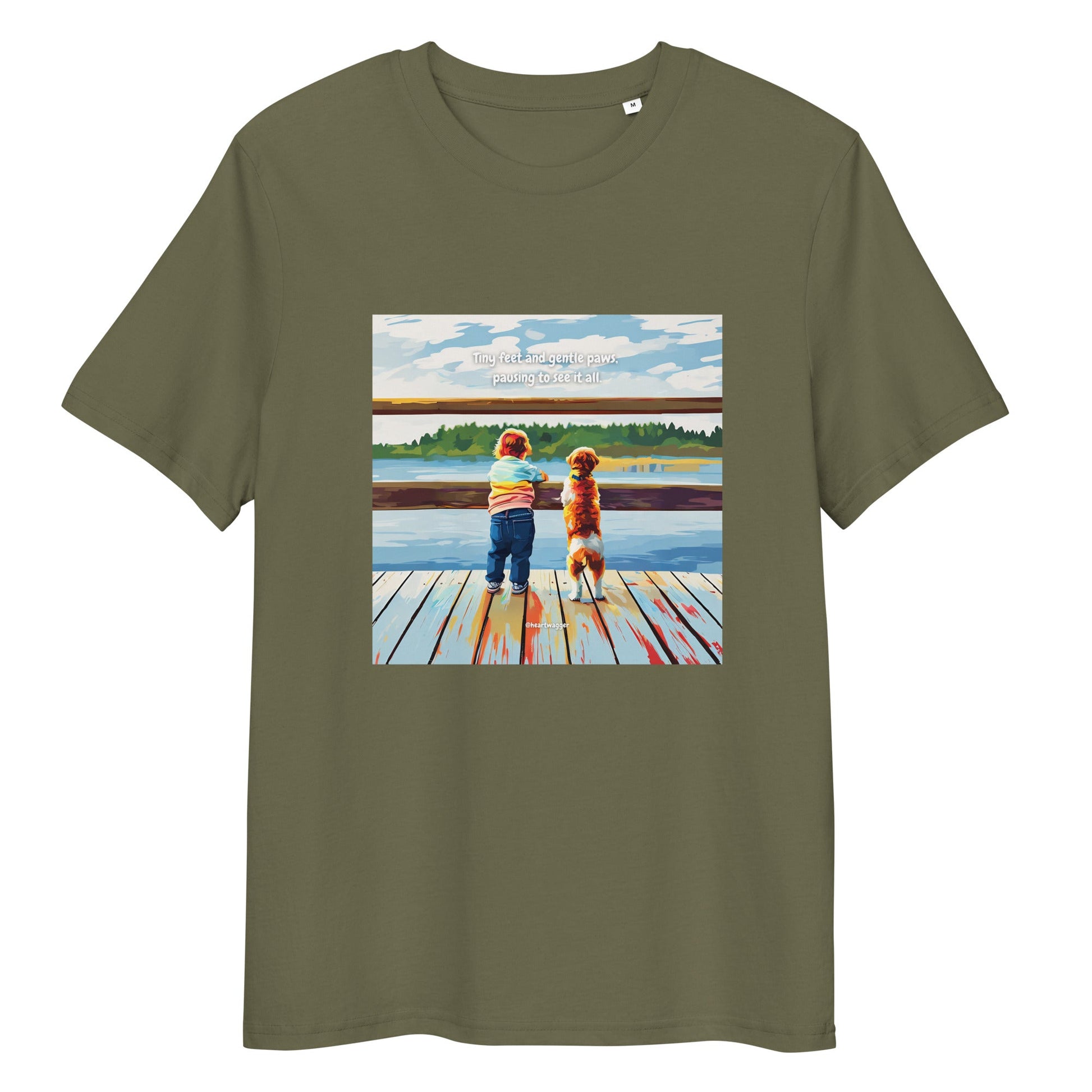 T-Shirt - Tiny feet and gentle paws, pausing to see it all Khaki