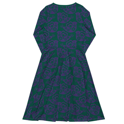 Midi dress - TWEET LOVE green purple - Birds and hearts print
