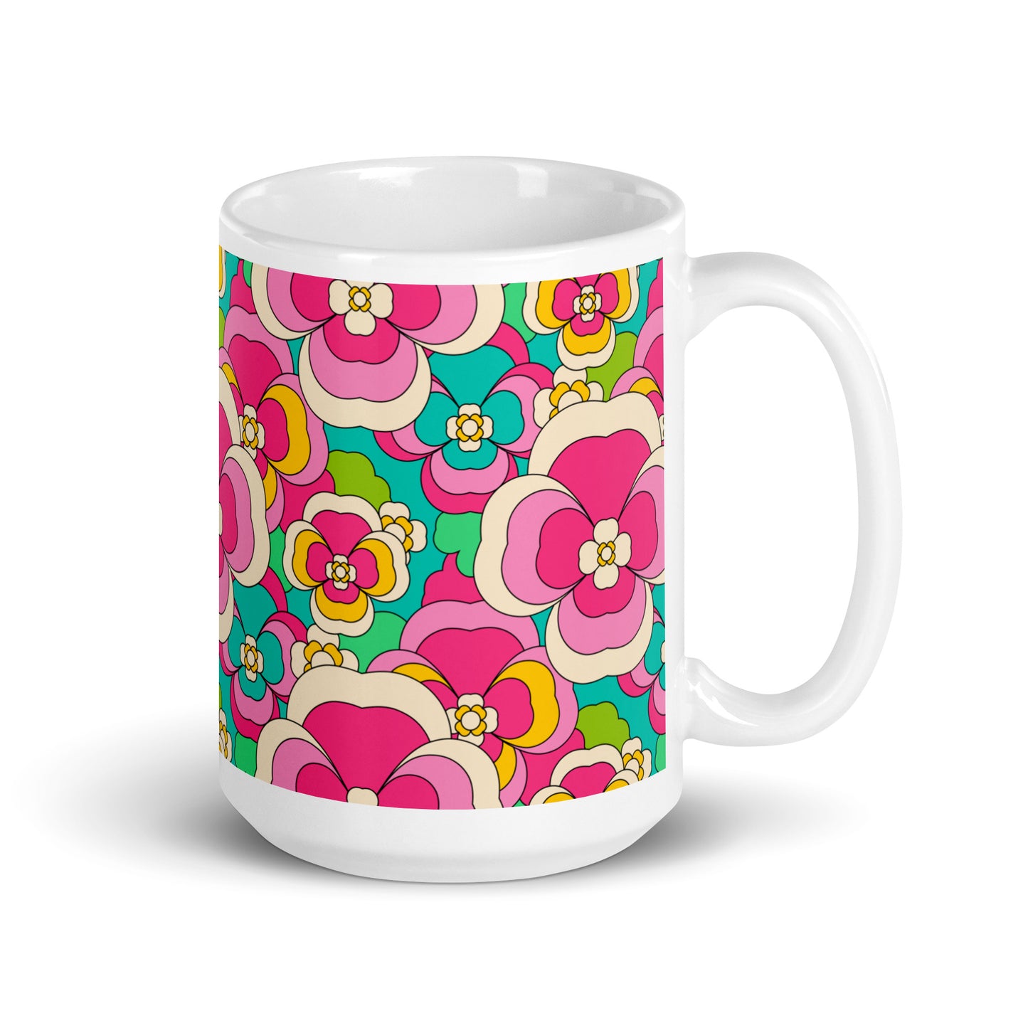 Mug - PANSY FANTASY pastel - Retro pansy print 15 oz
